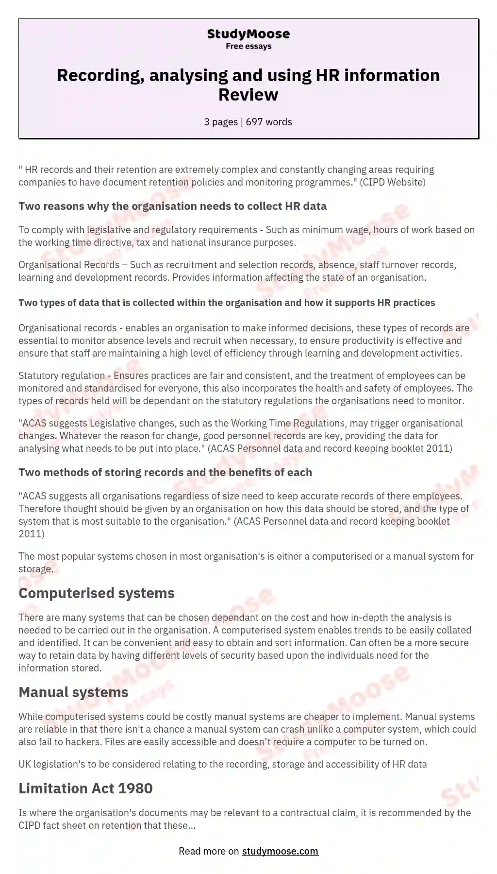 Recording Analysing And Using HR Information Review Free Essay Example