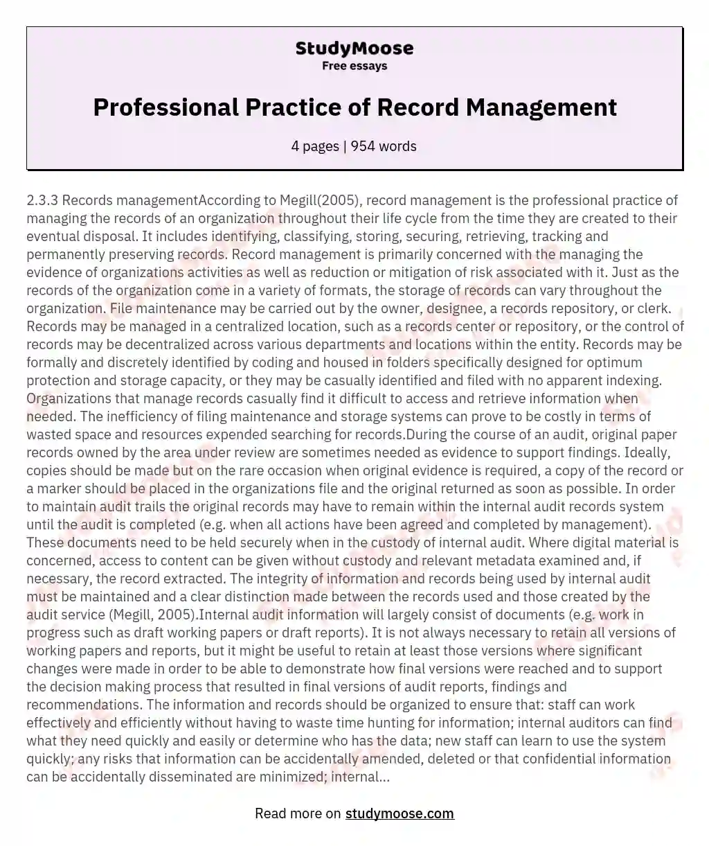 Professional Practice of Record Management essay