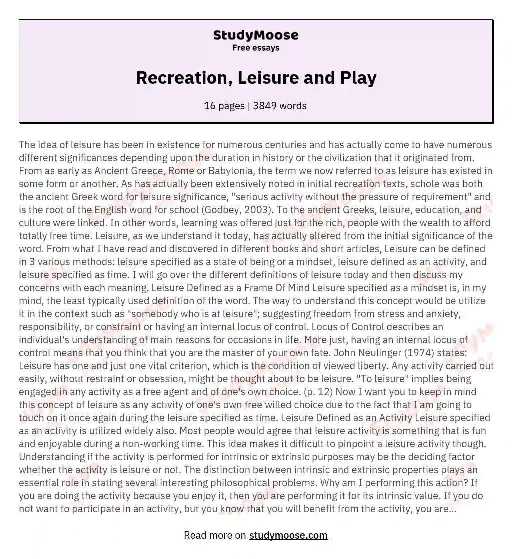 Recreation, Leisure and Play essay