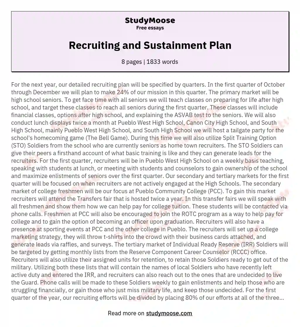 Recruiting and Sustainment Plan essay
