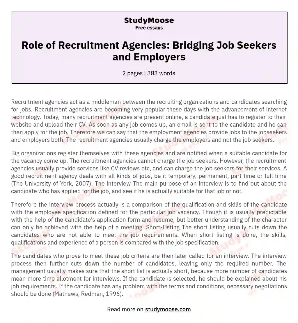 Role of Recruitment Agencies: Bridging Job Seekers and Employers essay
