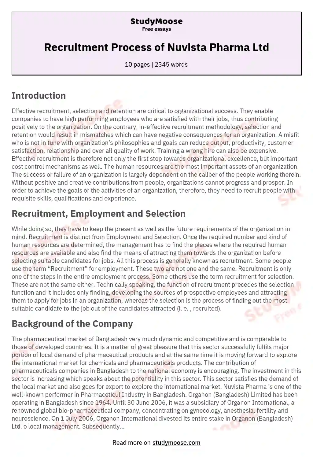 Recruitment Process of Nuvista Pharma Ltd essay
