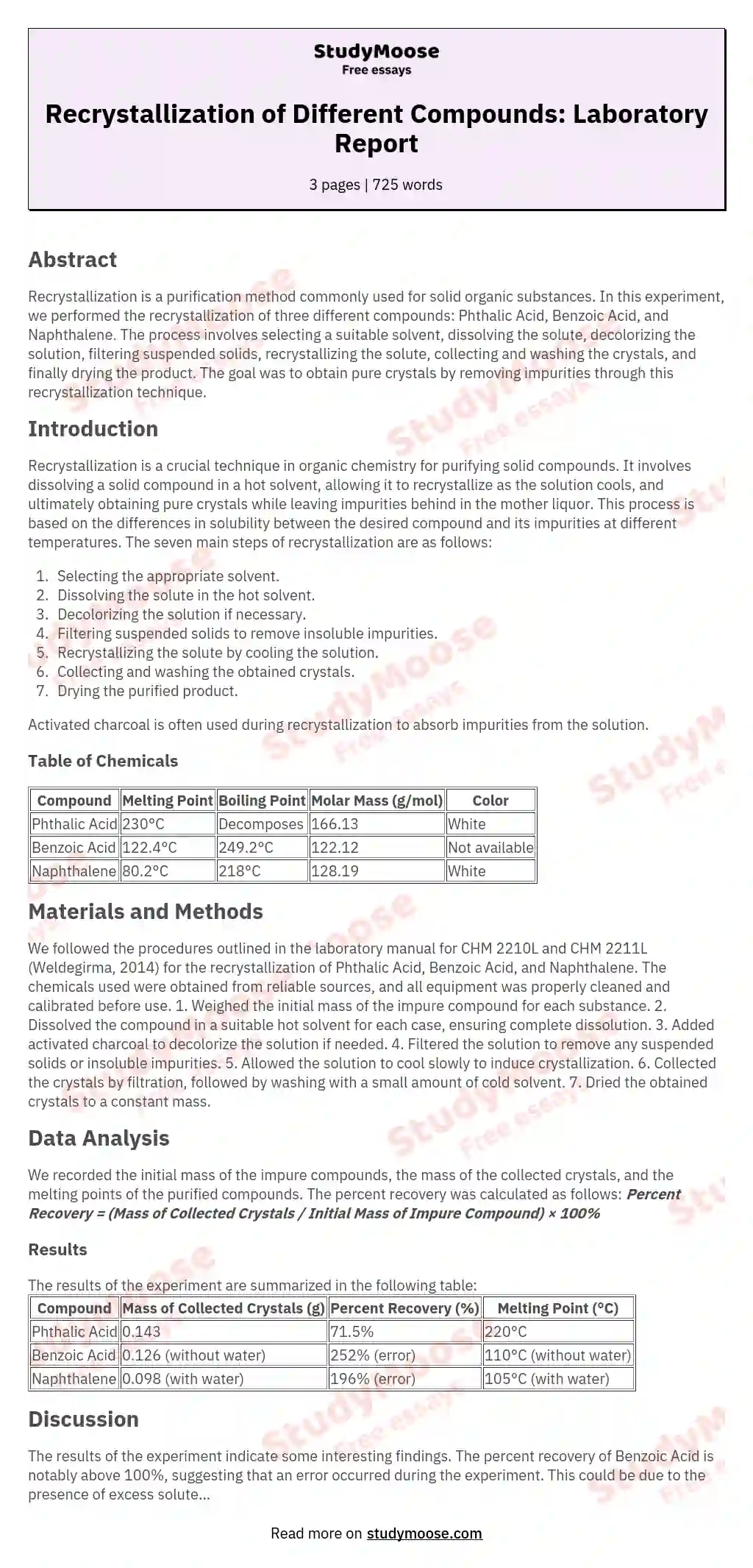 Recrystallization of Different Compounds: Laboratory Report essay