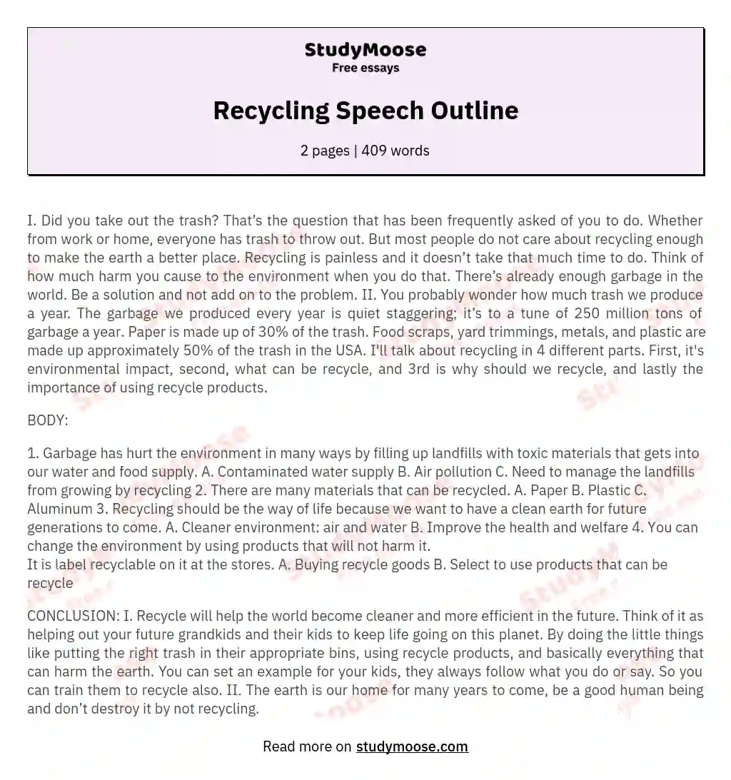 Recycling Speech Outline essay