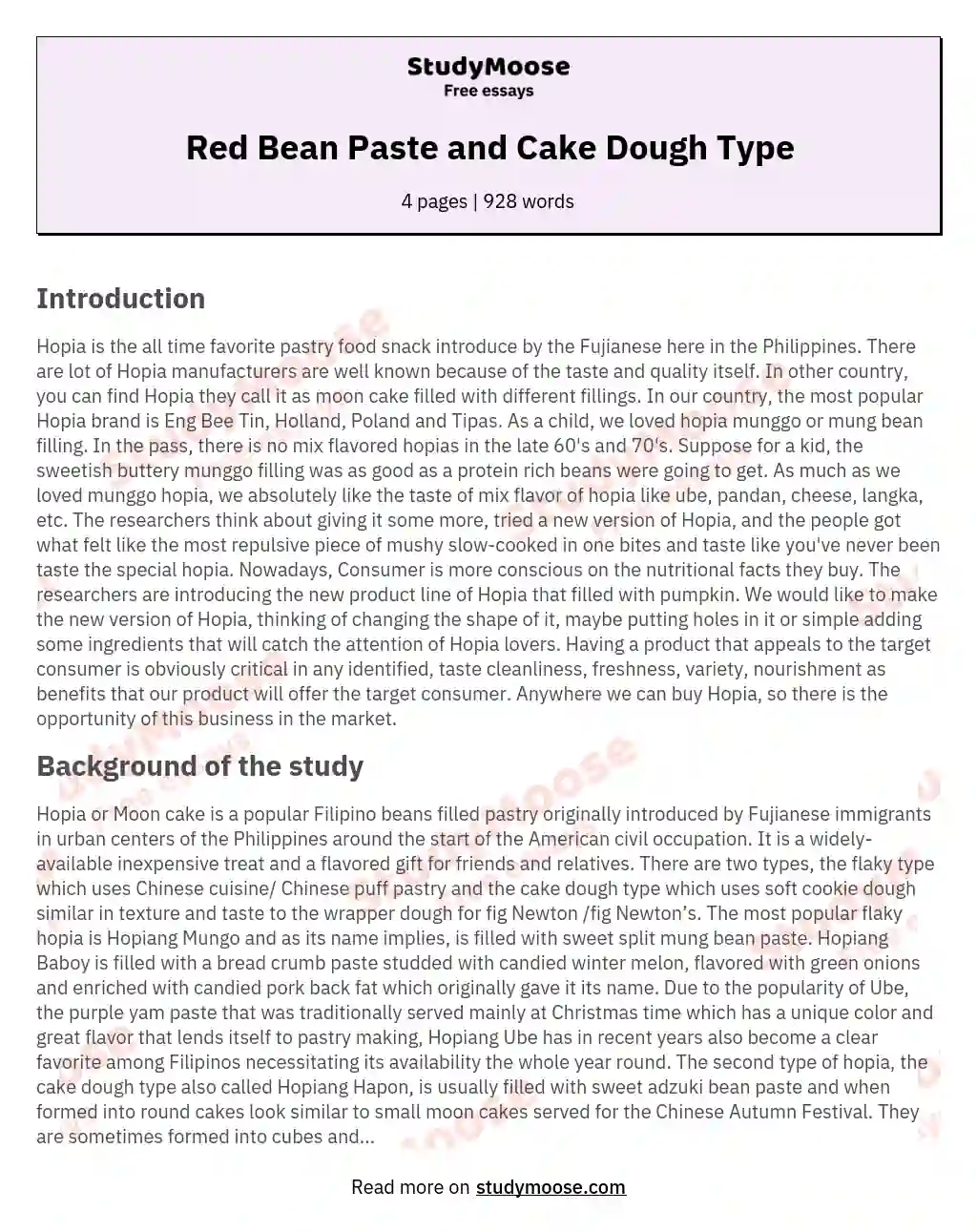 Red Bean Paste and Cake Dough Type essay
