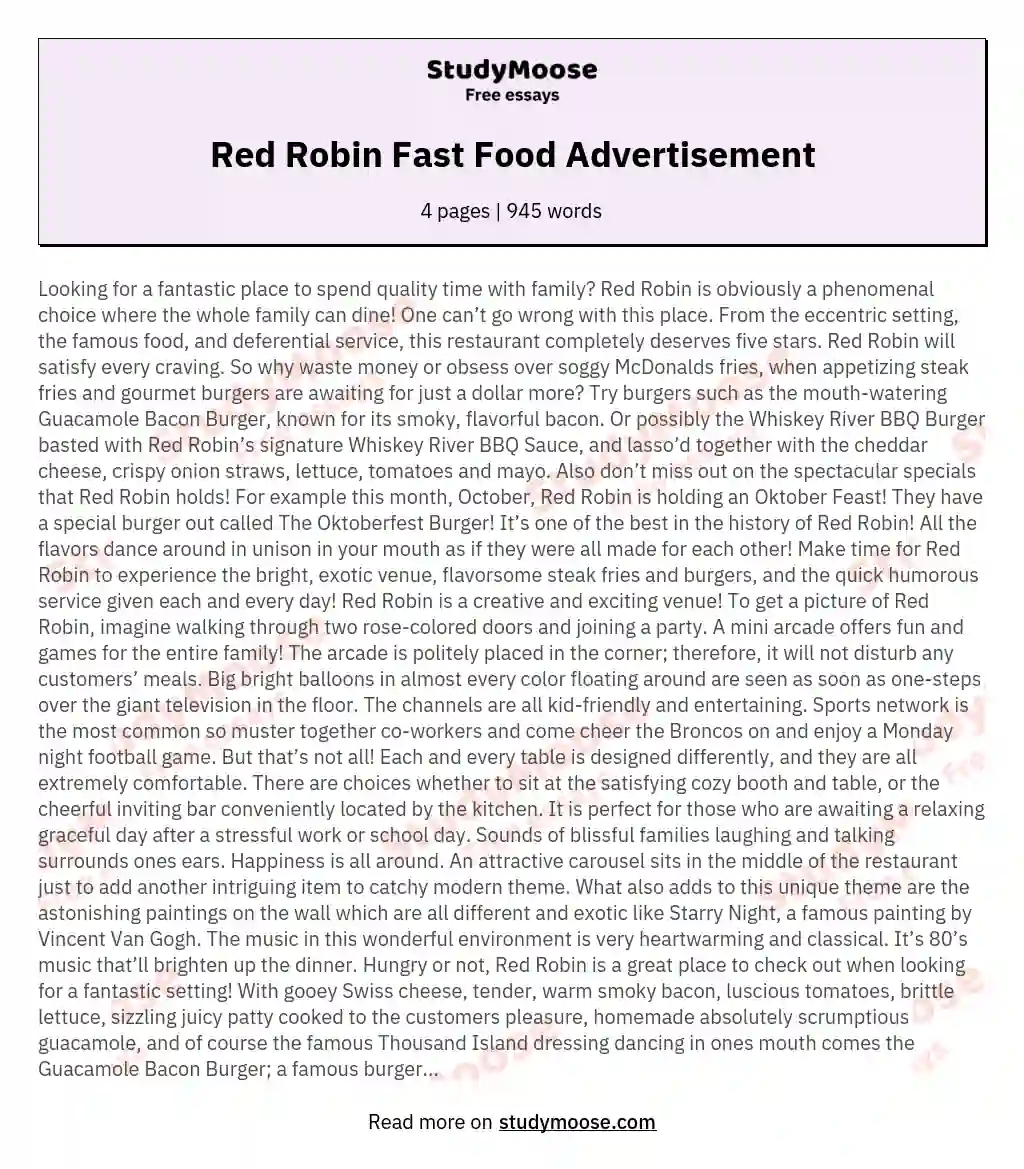 Red Robin Fast Food Advertisement essay