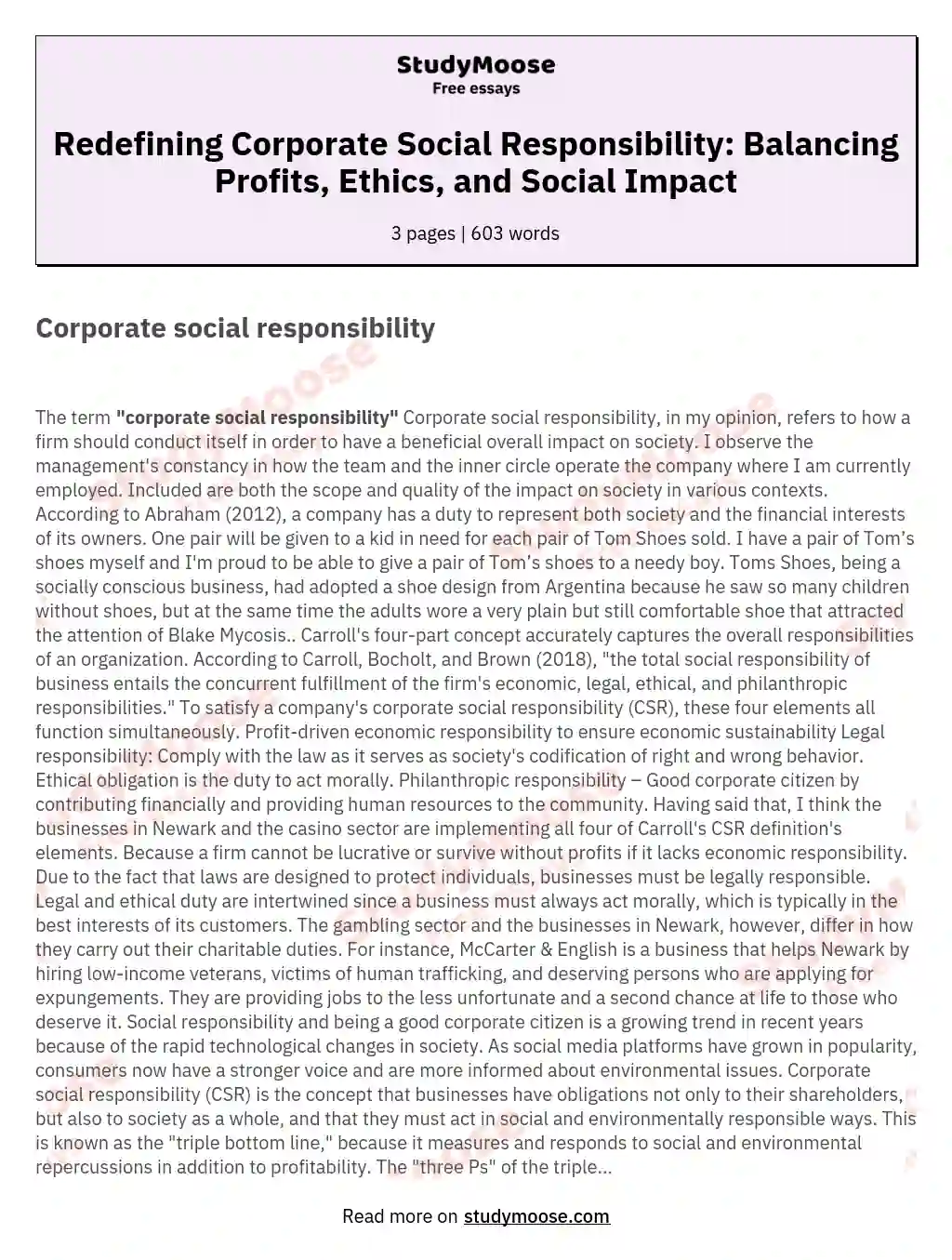 Redefining Corporate Social Responsibility: Balancing Profits, Ethics, and Social Impact essay