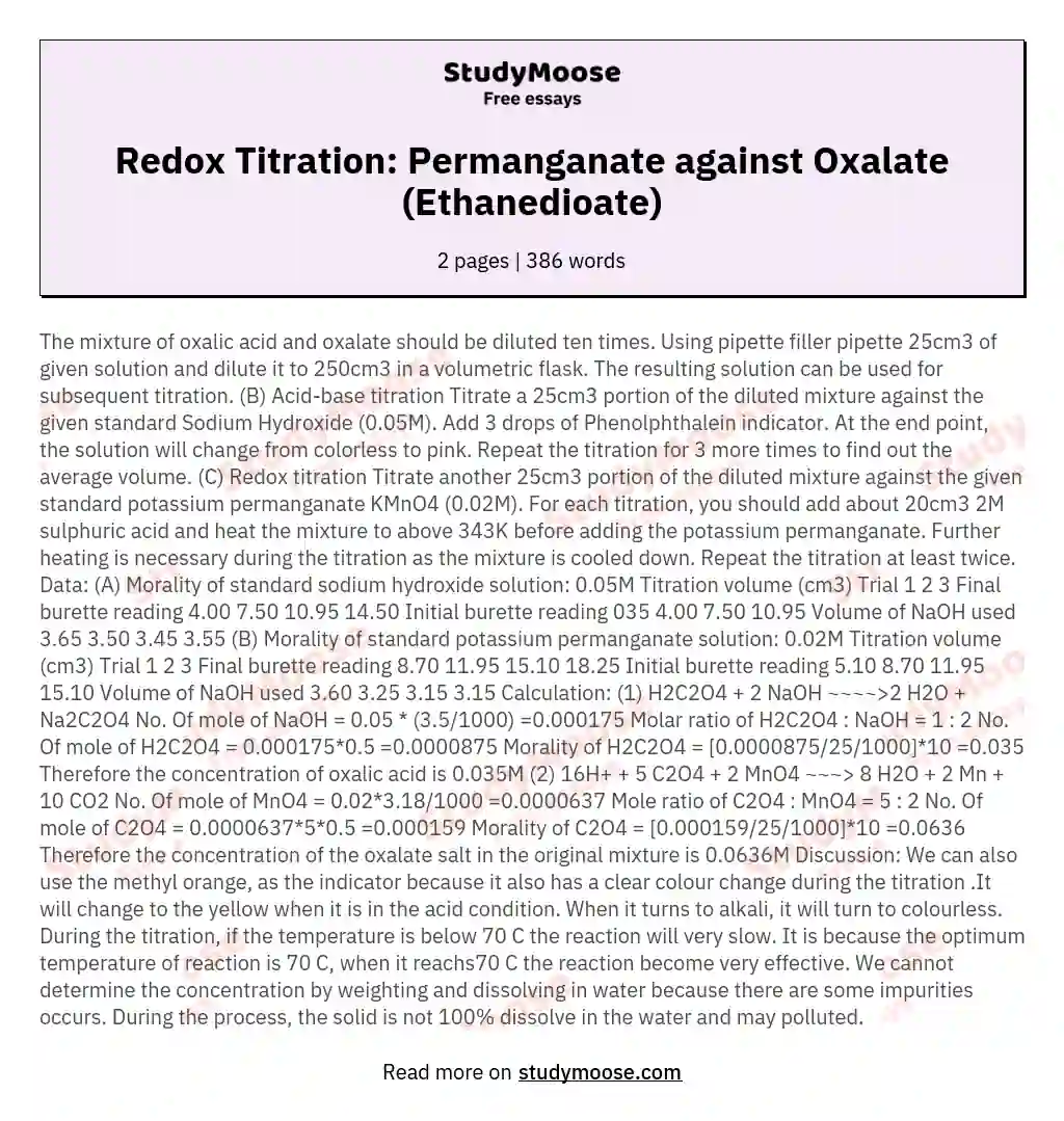 Redox Titration: Permanganate against Oxalate (Ethanedioate) essay