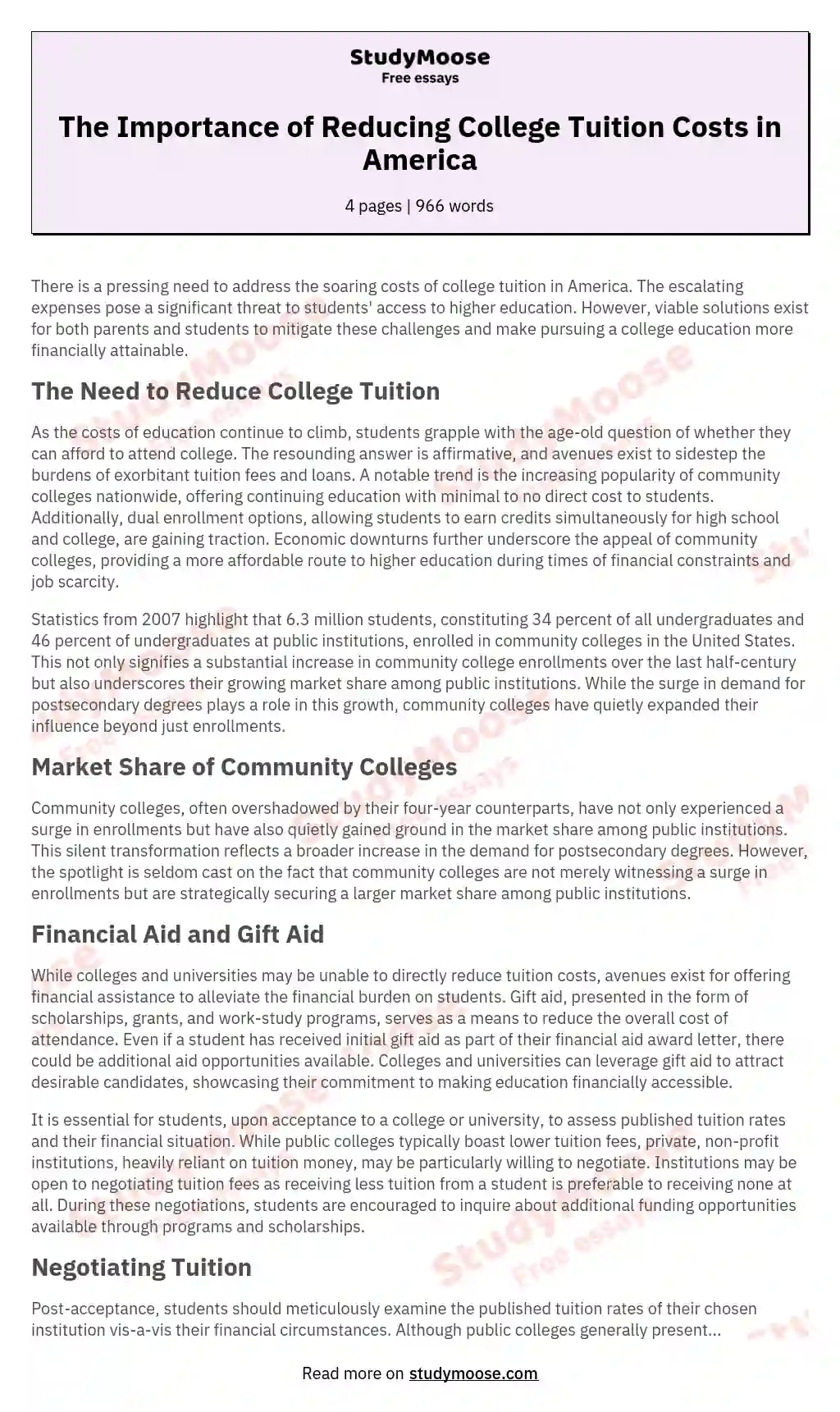 The Importance of Reducing College Tuition Costs in America essay