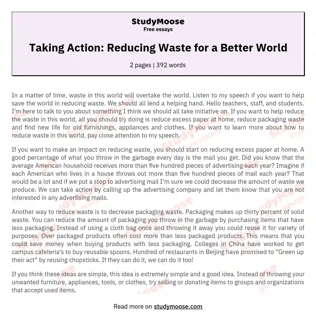 Taking Action: Reducing Waste for a Better World essay