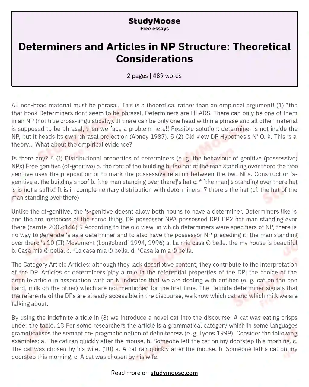 Determiners and Articles in NP Structure: Theoretical Considerations essay