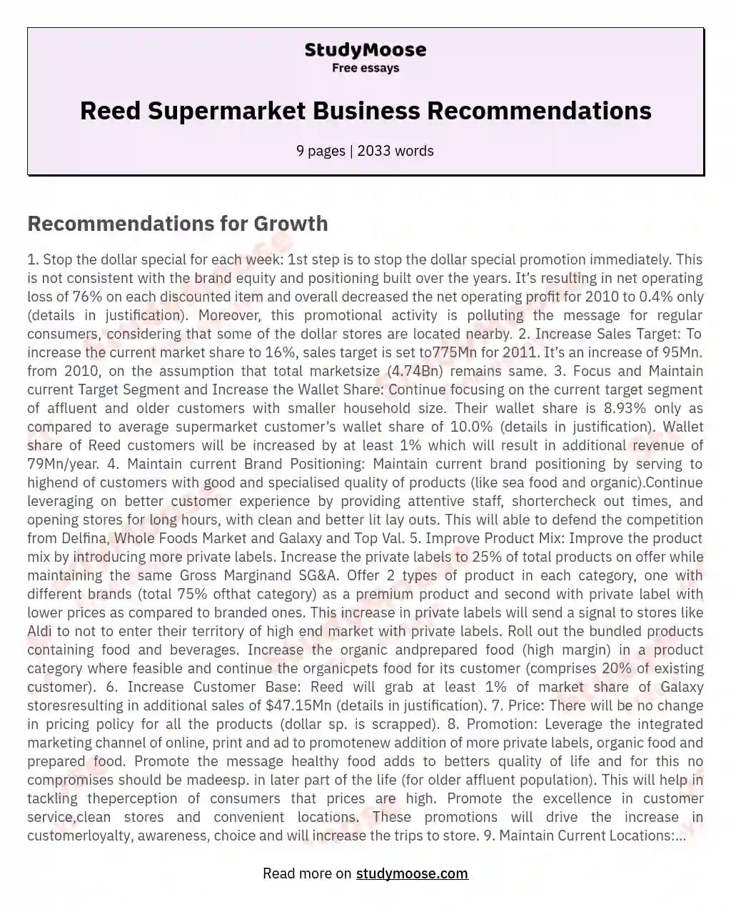 Reed Supermarket Business Recommendations