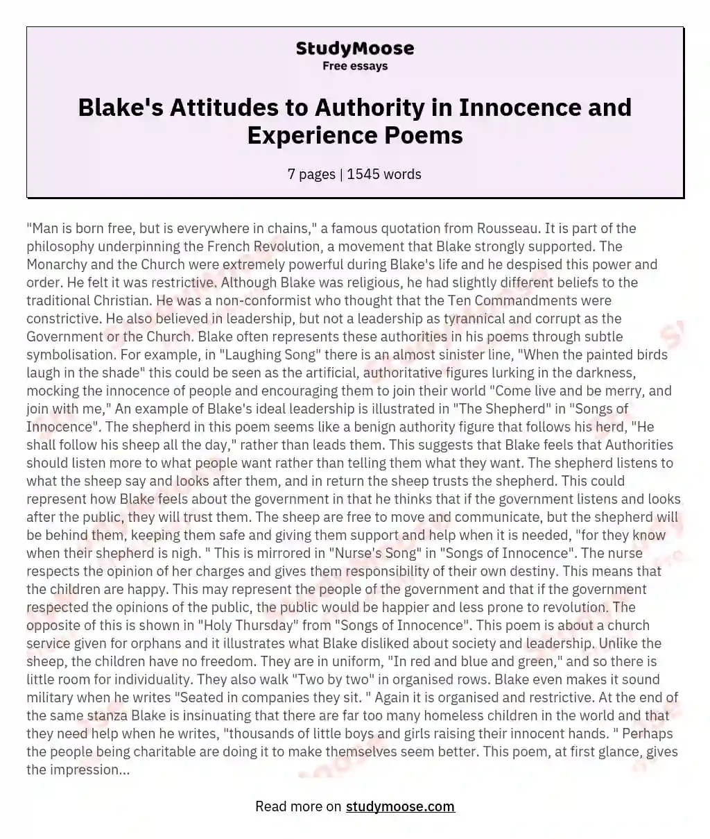 Blake's Attitudes to Authority in Innocence and Experience Poems essay