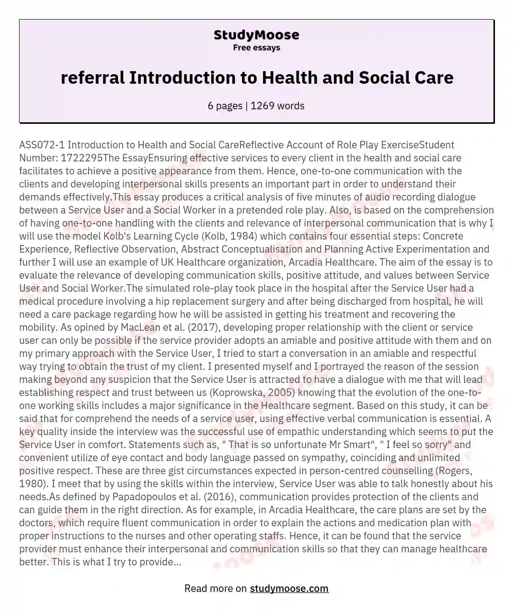 referral Introduction to Health and Social Care essay