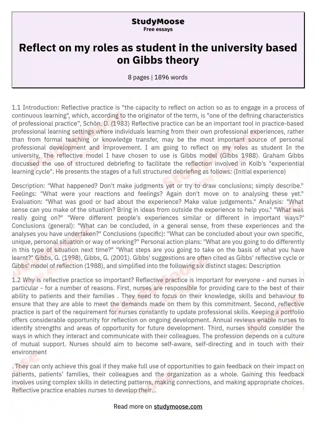 Reflect on my roles as student in the university based on Gibbs theory essay