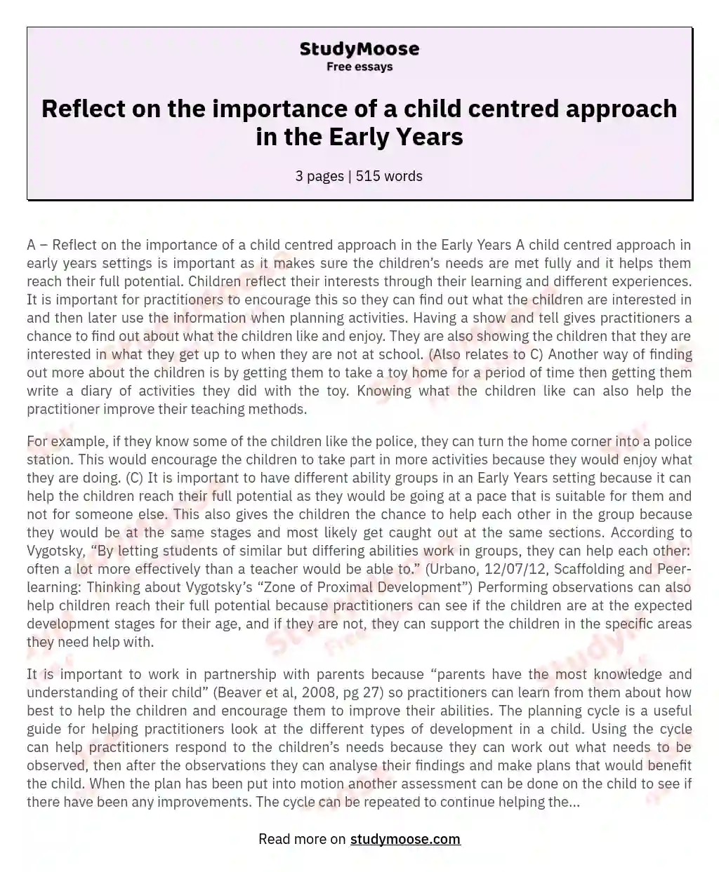 Reflect on the importance of a child centred approach in the Early Years essay