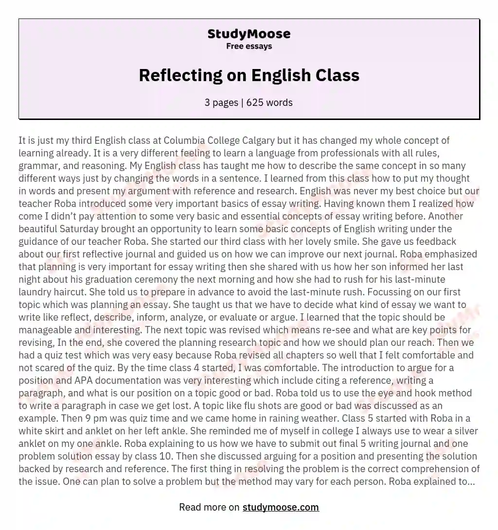 Reflecting on English Class essay