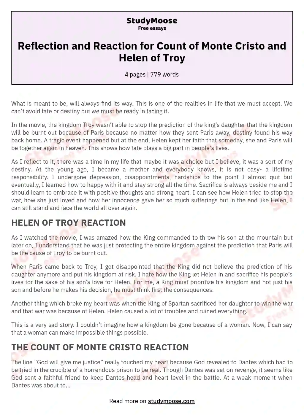 Reflection and Reaction for Count of Monte Cristo and Helen of Troy essay