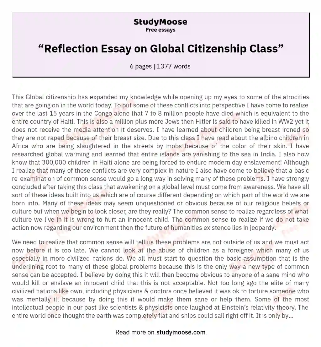 “Reflection Essay on Global Citizenship Class” essay