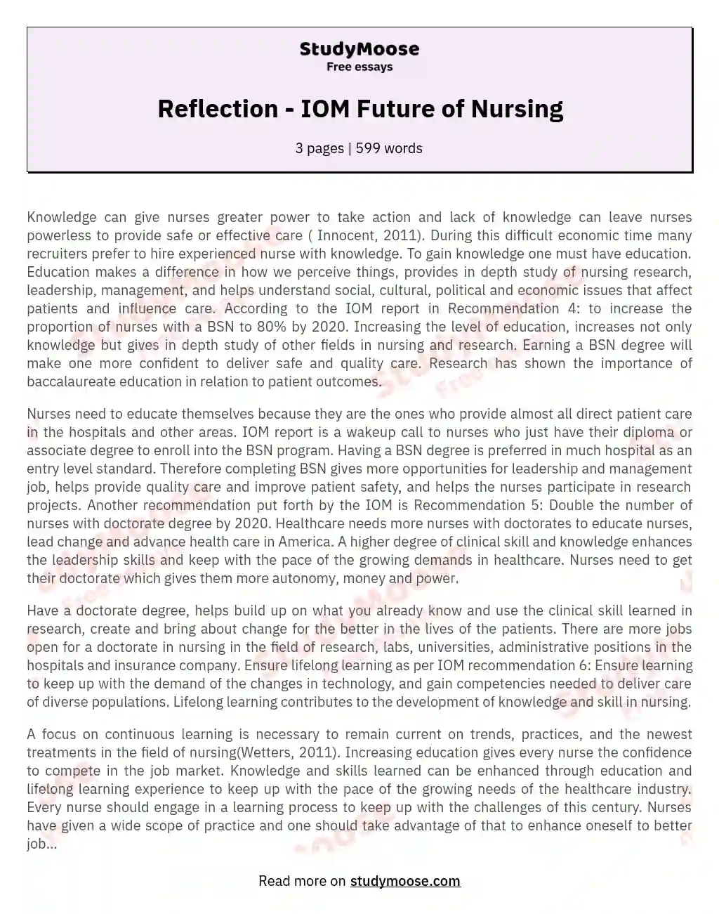 Reflection - IOM Future of Nursing essay
