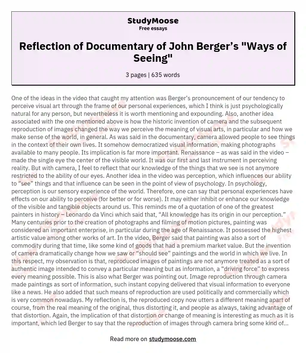 Reflection of Documentary of John Berger’s "Ways of Seeing"