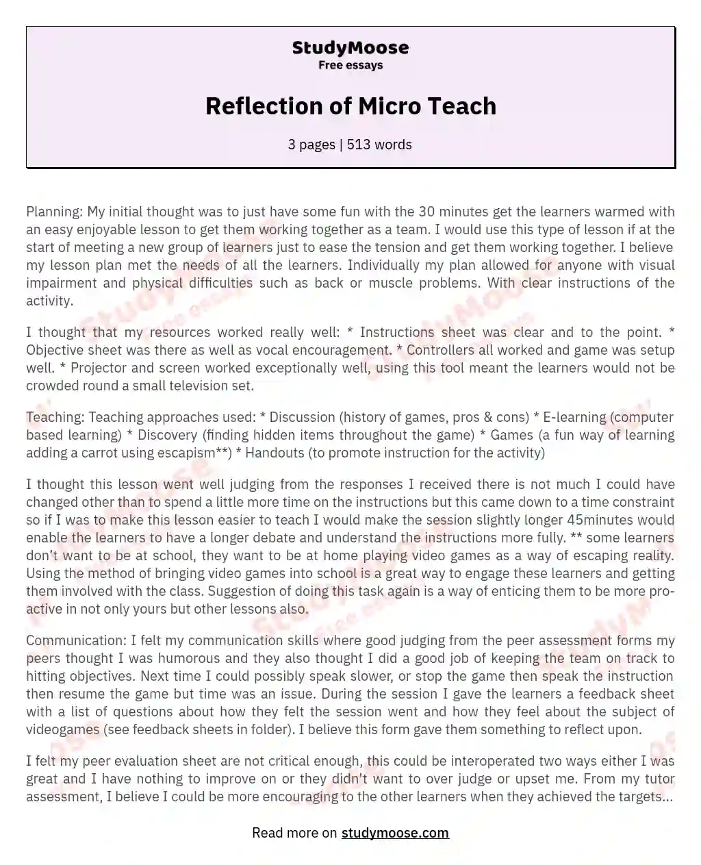 micro teaching self reflection essay