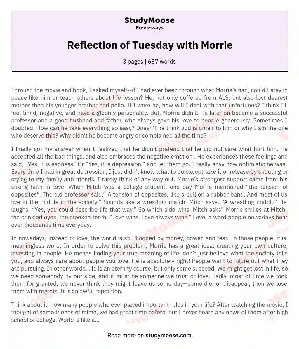 Reflection of Tuesday with Morrie essay