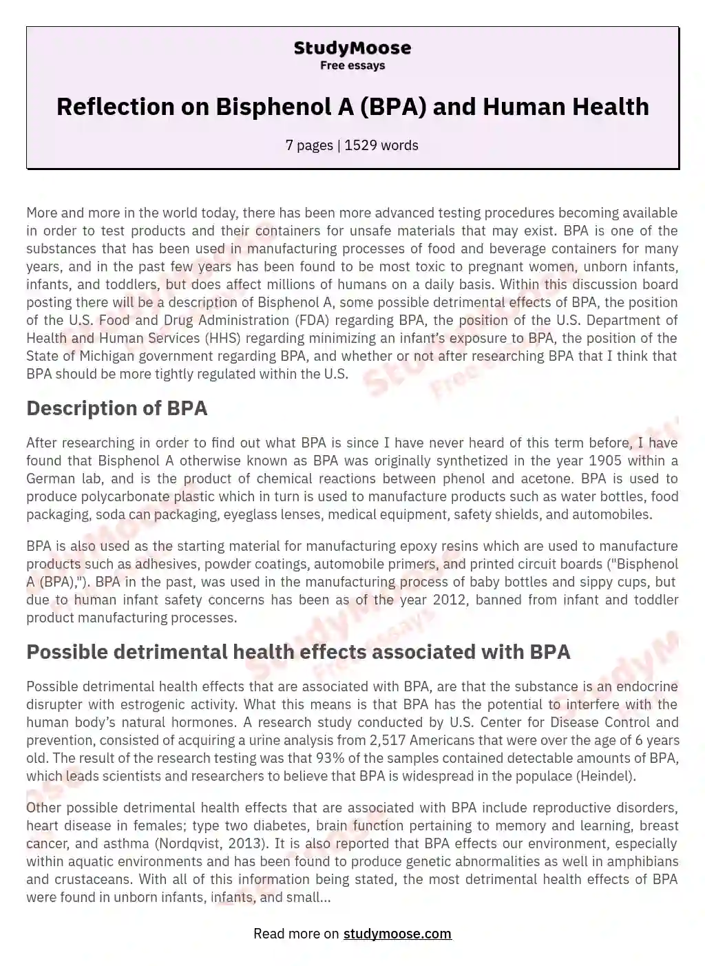 Reflection on Bisphenol A (BPA) and Human Health essay