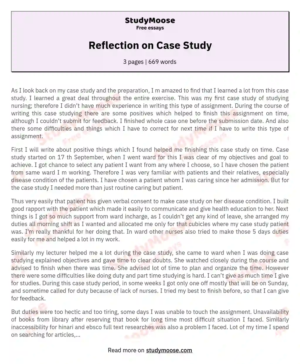 Reflection on Case Study essay