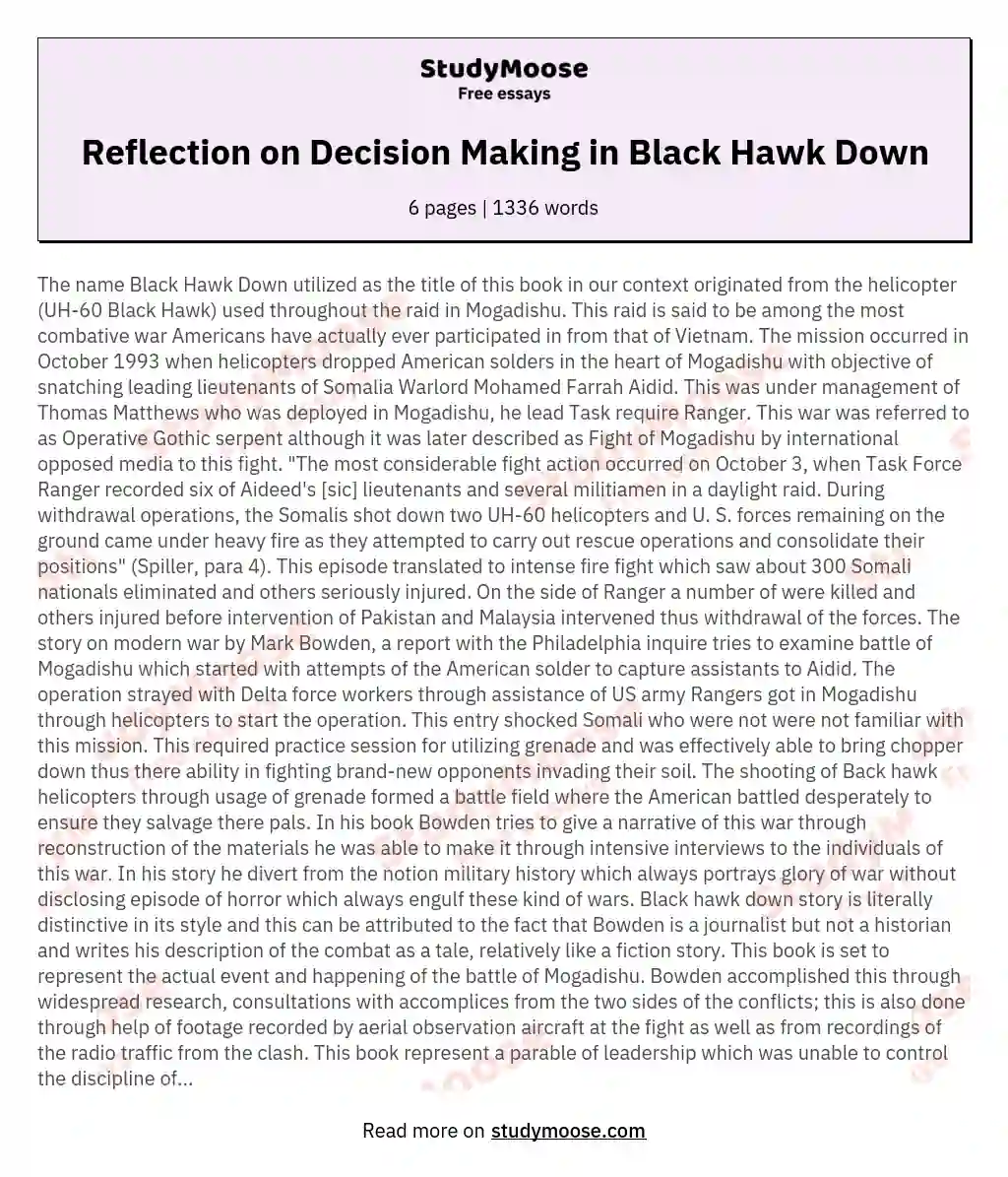 Reflection on Decision Making in Black Hawk Down essay