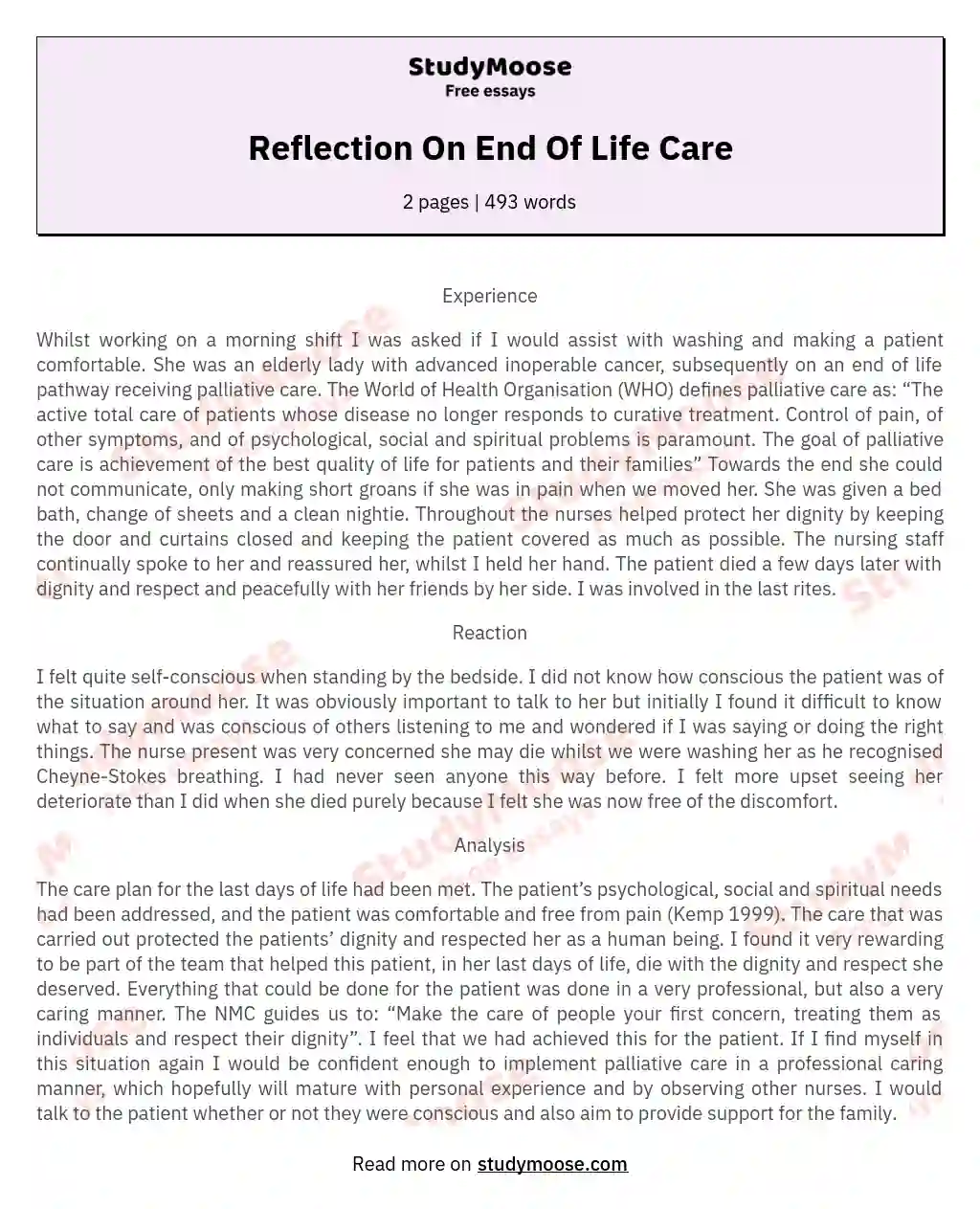 Reflection On End Of Life Care essay