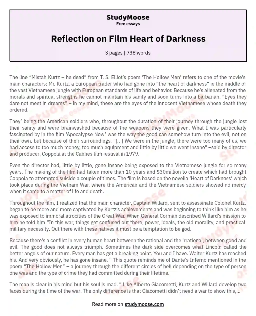 Reflection on Film Heart of Darkness essay
