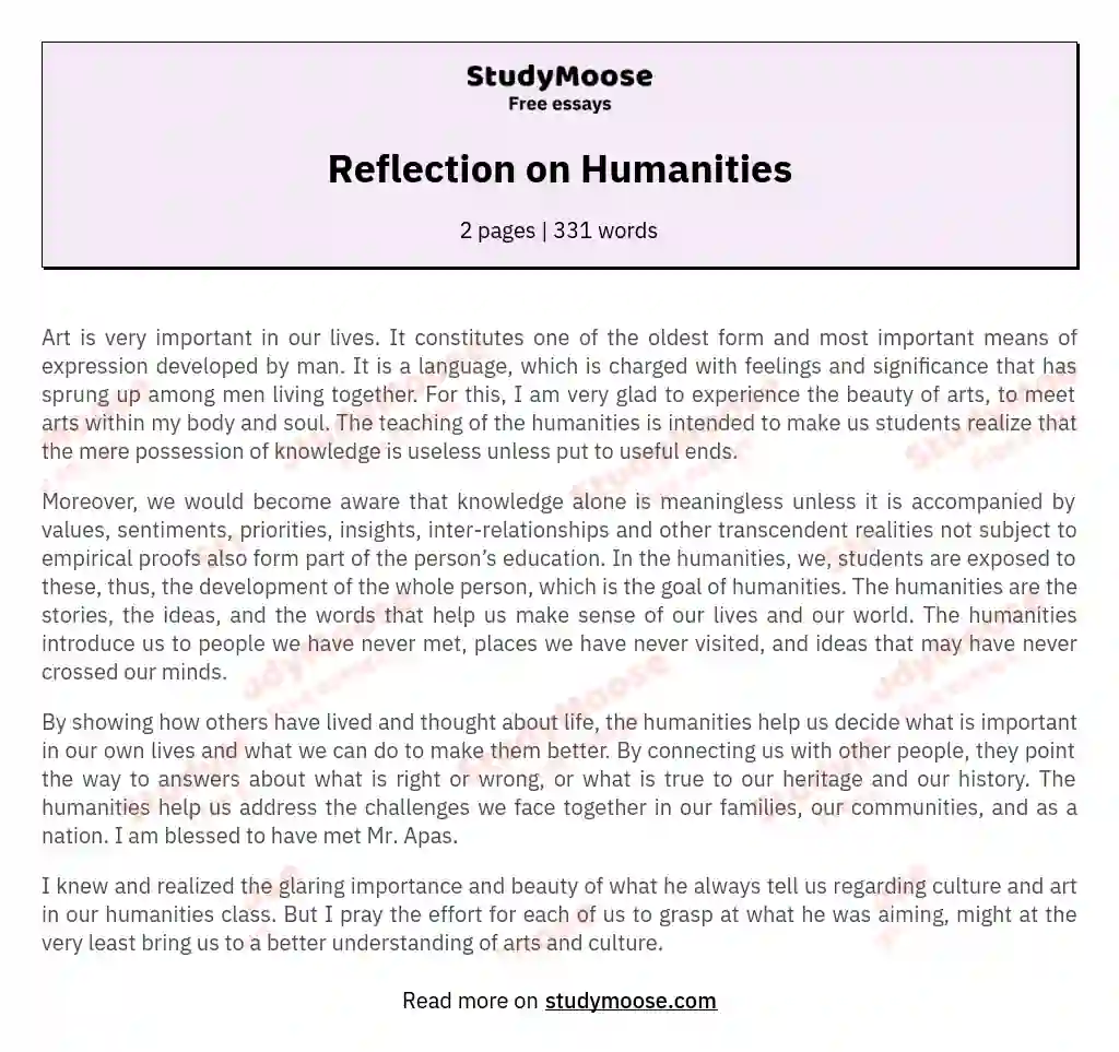 Reflection on Humanities essay