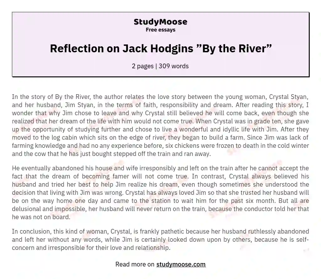 Reflection on Jack Hodgins ”By the River” essay