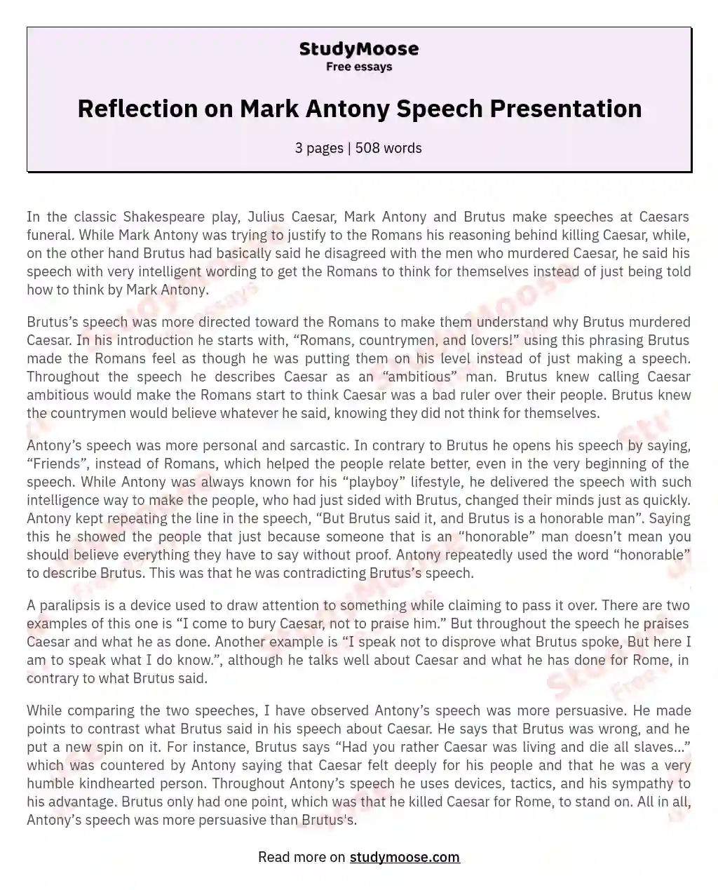 Reflection on Mark Antony Speech Presentation