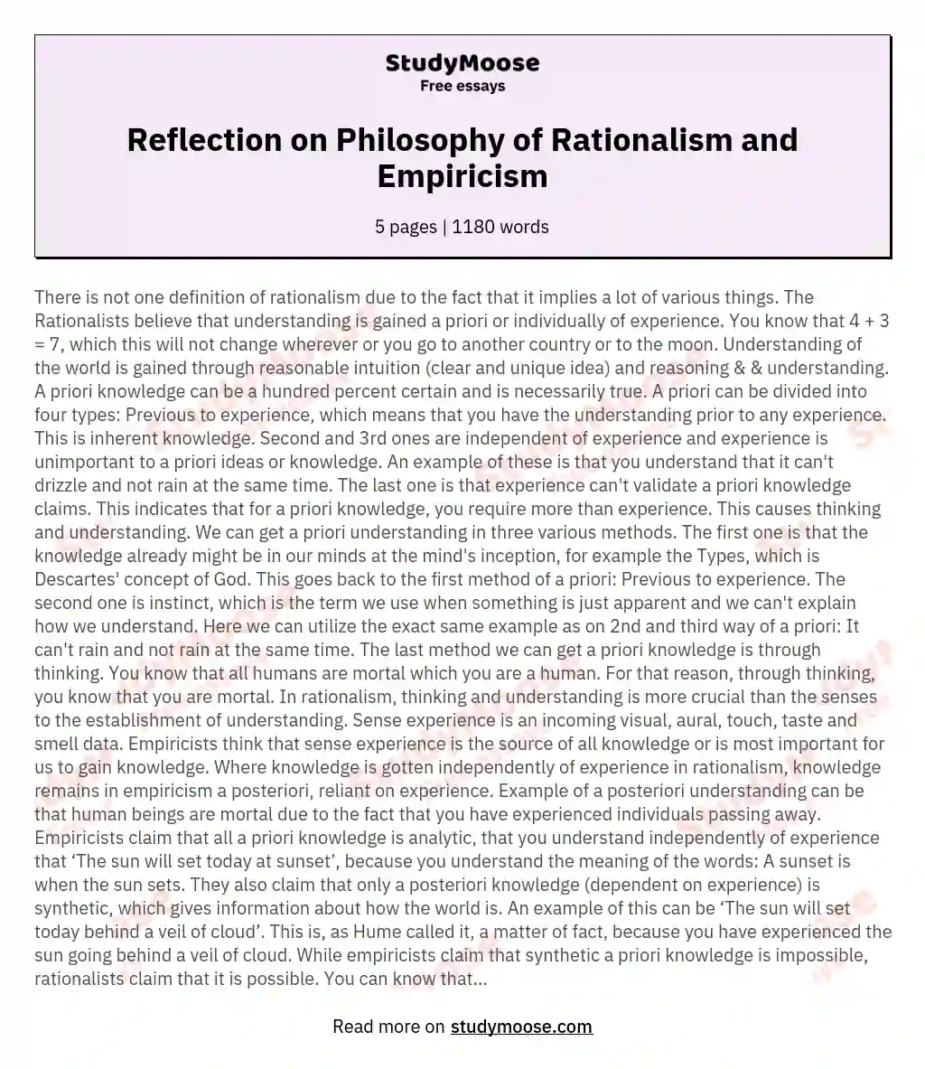 Reflection on Philosophy of Rationalism and Empiricism essay