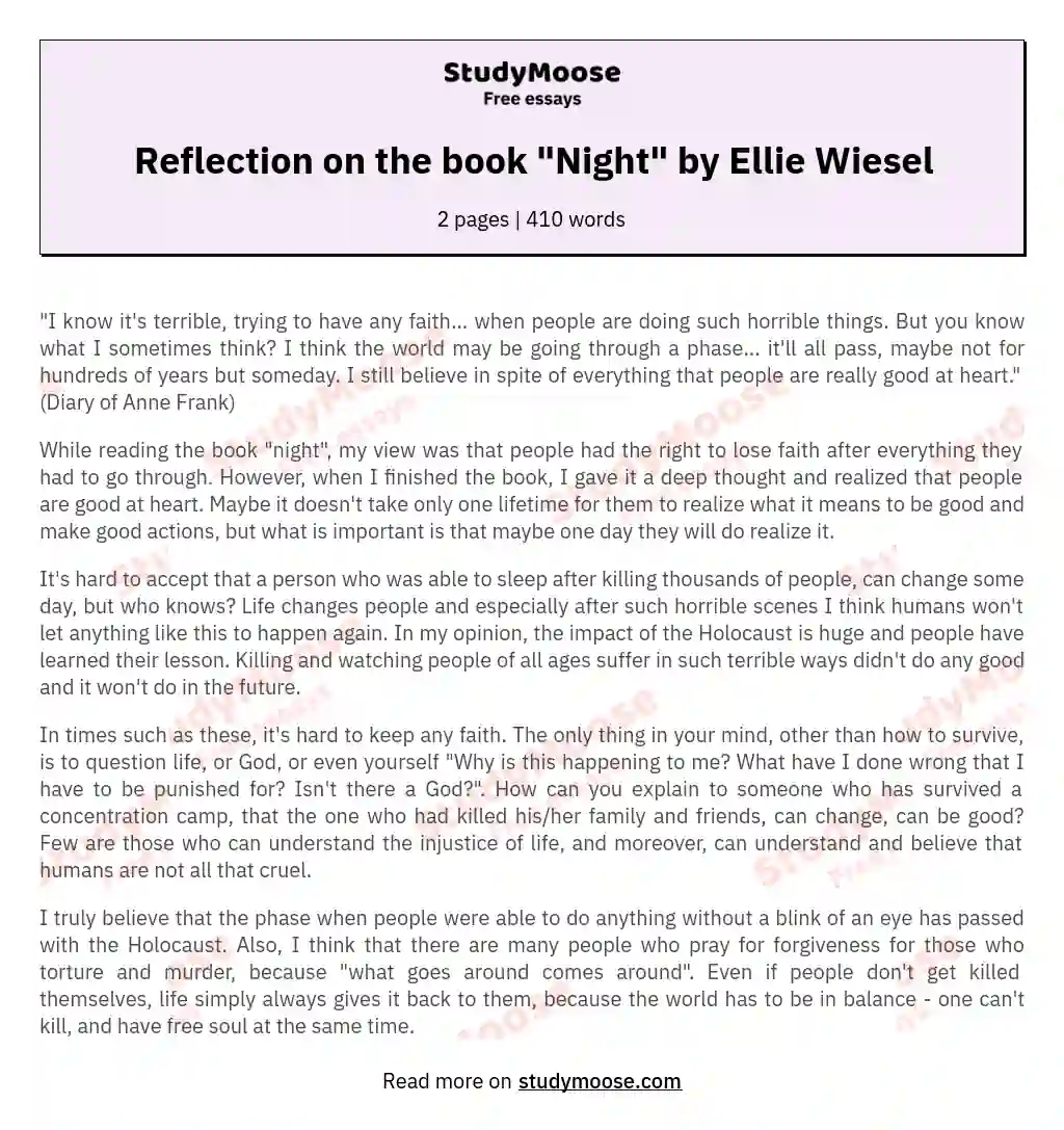 Reflection on the book "Night" by Ellie Wiesel essay
