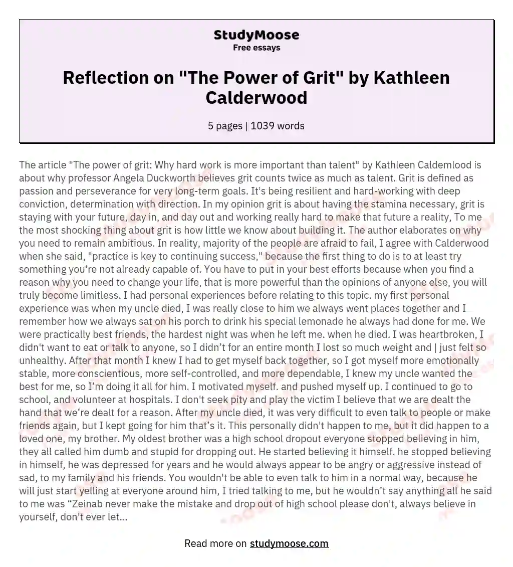 Reflection on "The Power of Grit" by Kathleen Calderwood essay