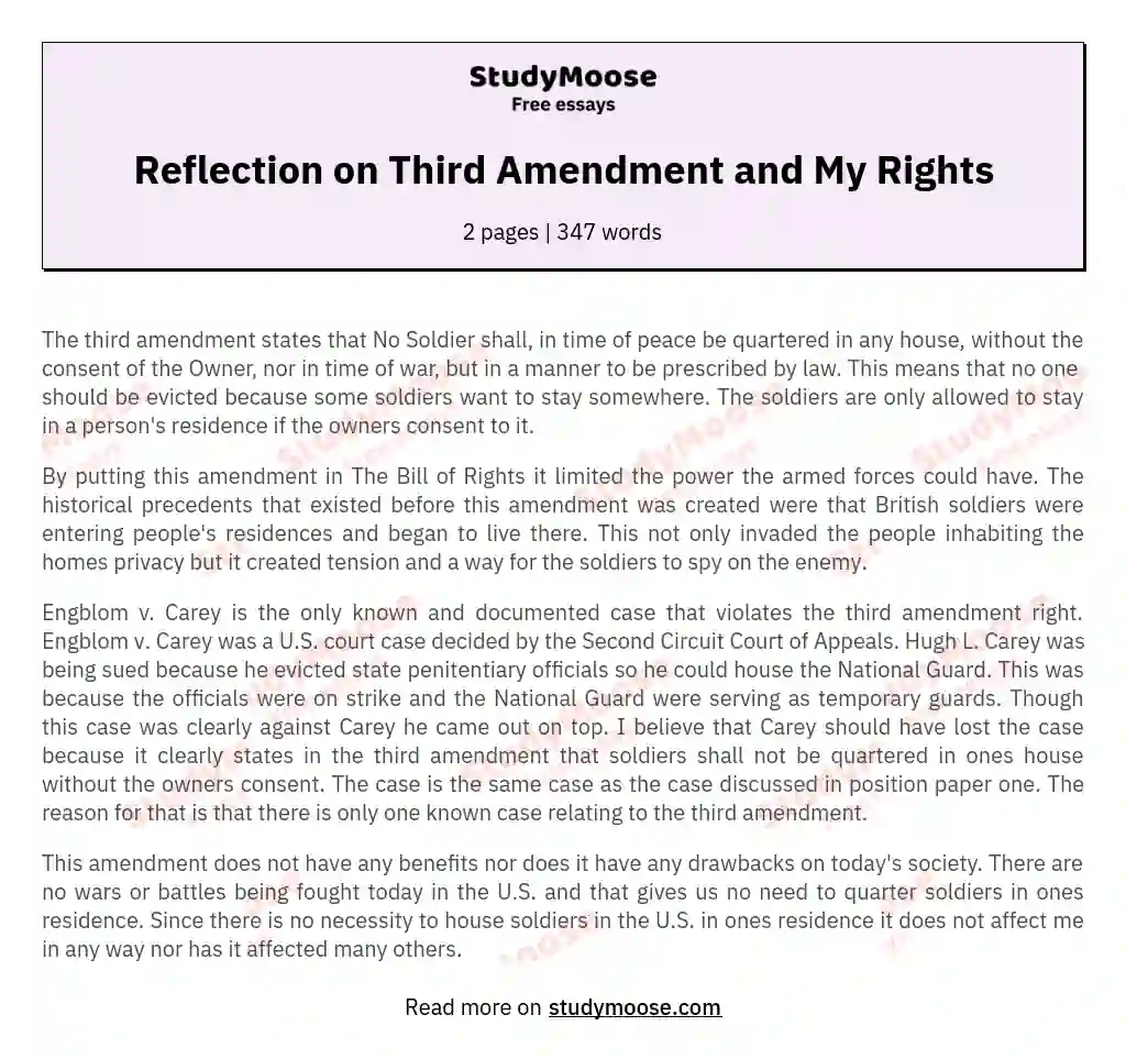 Reflection on Third Amendment and My Rights essay