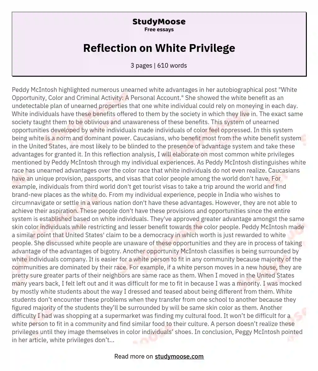 Reflection on White Privilege essay