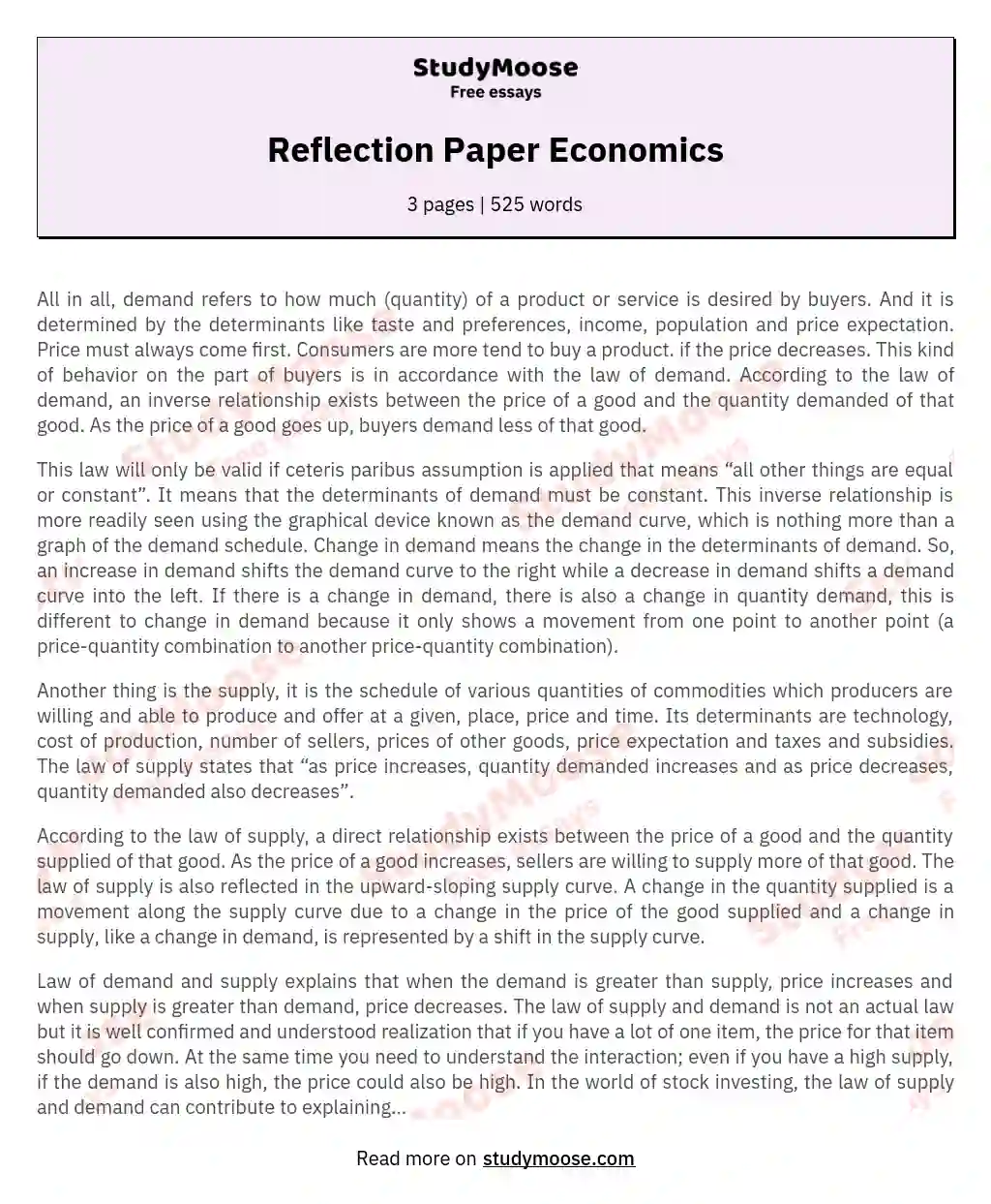 Reflection Paper Economics essay