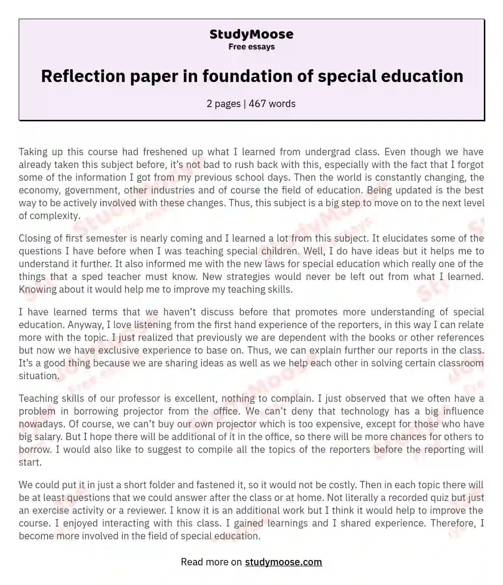 Reflection paper in foundation of special education essay
