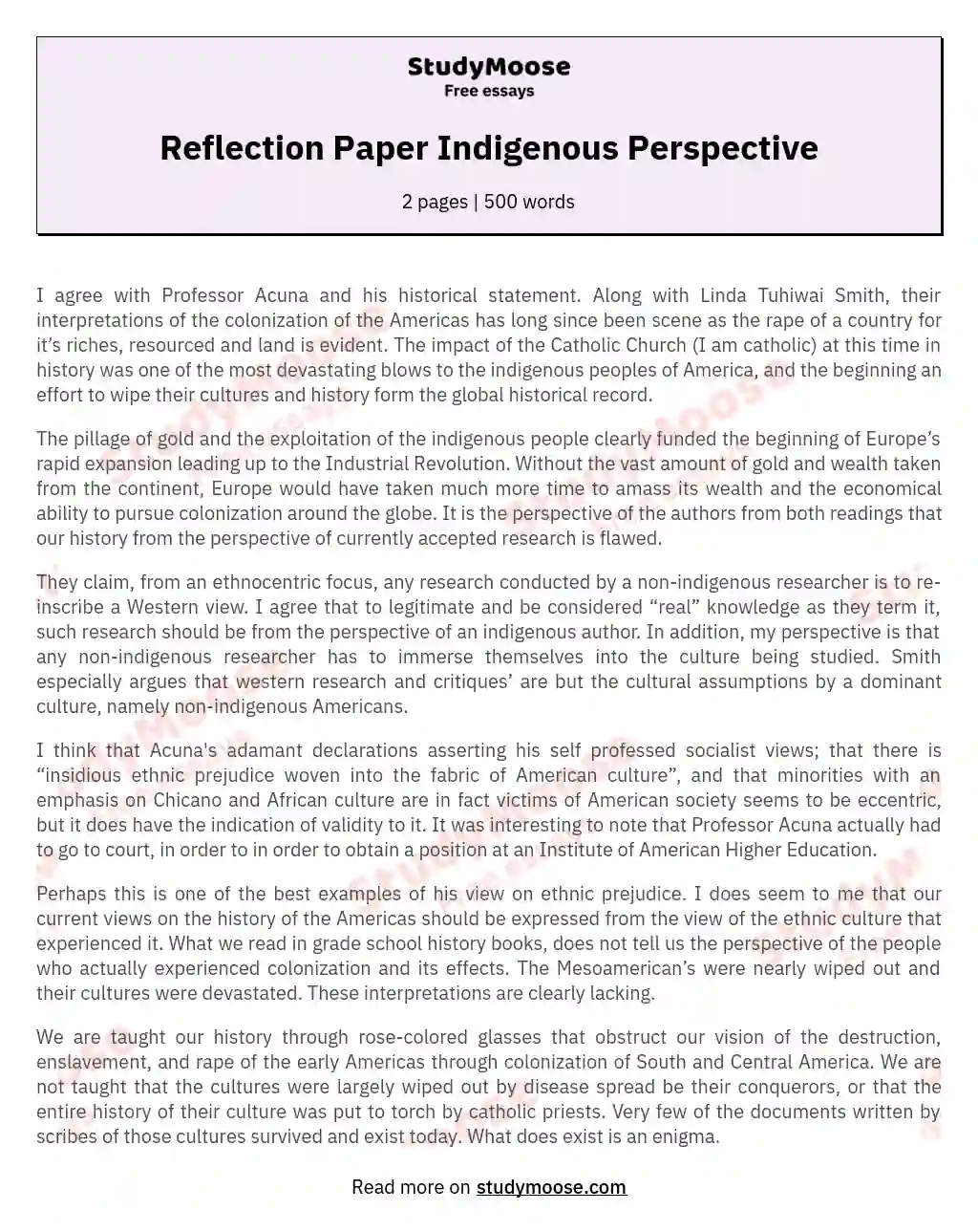 Reflection Paper Indigenous Perspective essay