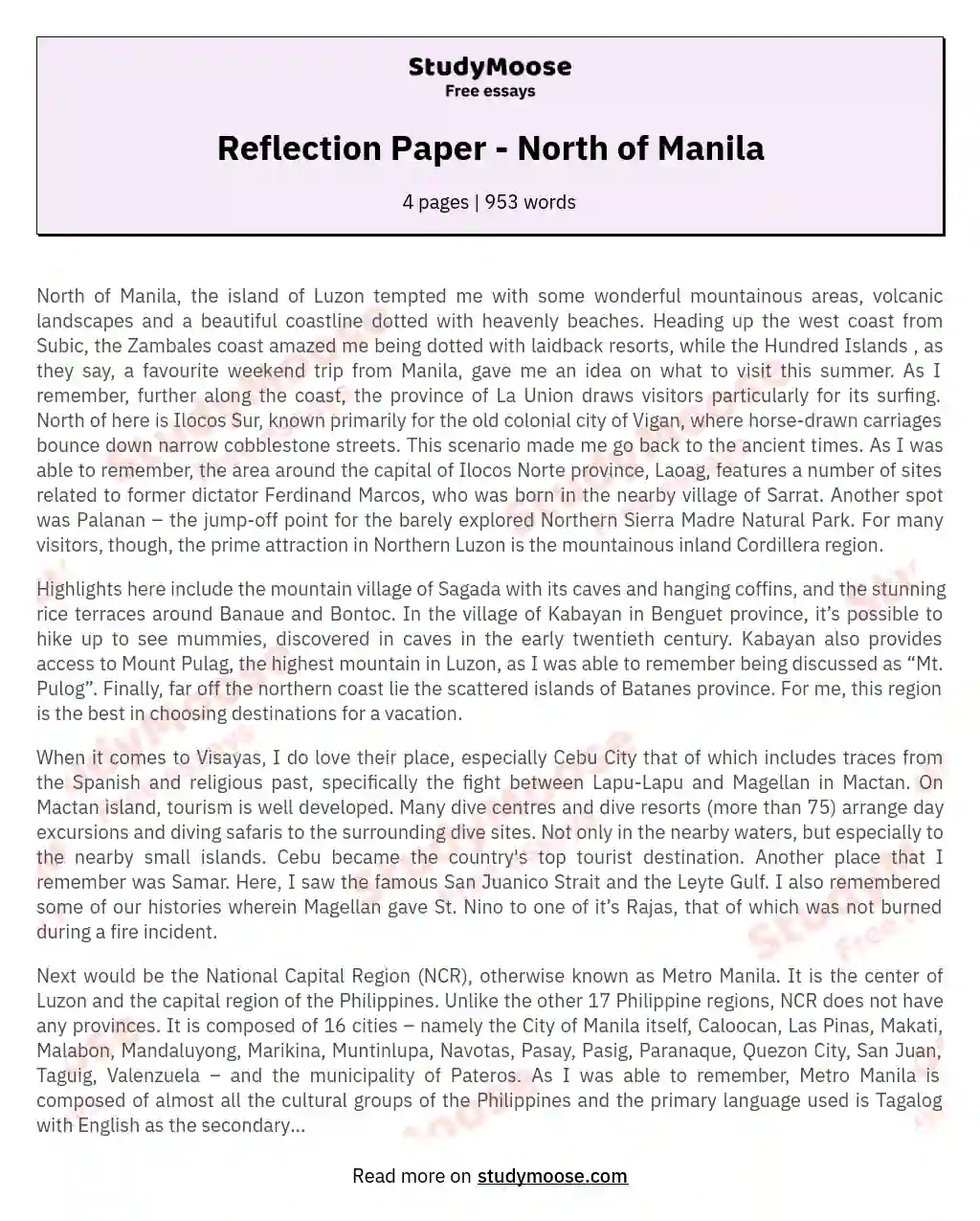 Reflection Paper - North of Manila
