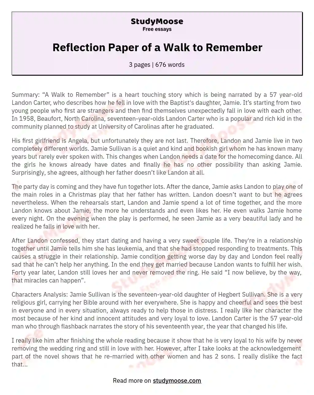 Reflection Paper of a Walk to Remember essay