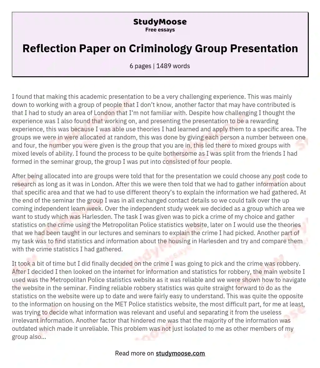 Reflection Paper on Criminology Group Presentation