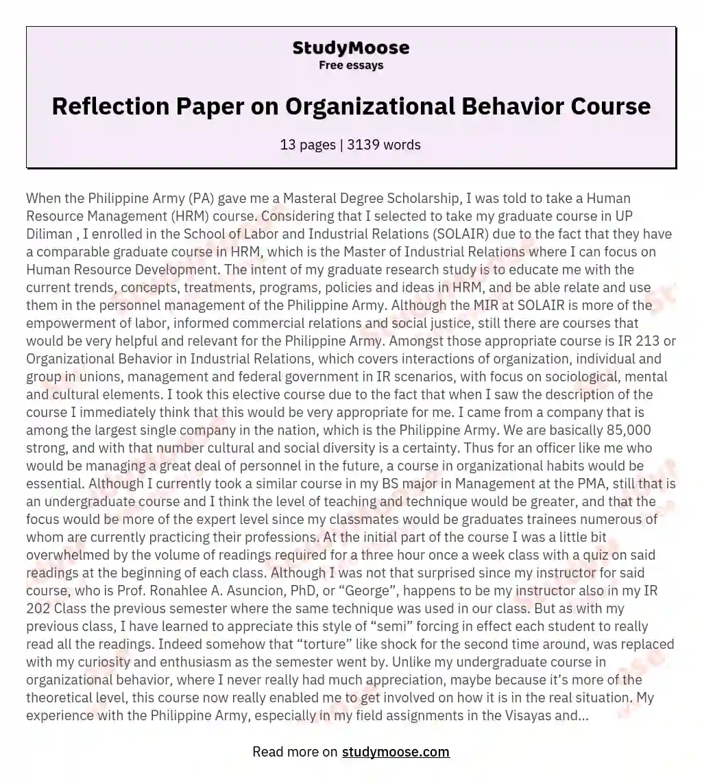Reflection Paper on Organizational Behavior Course essay