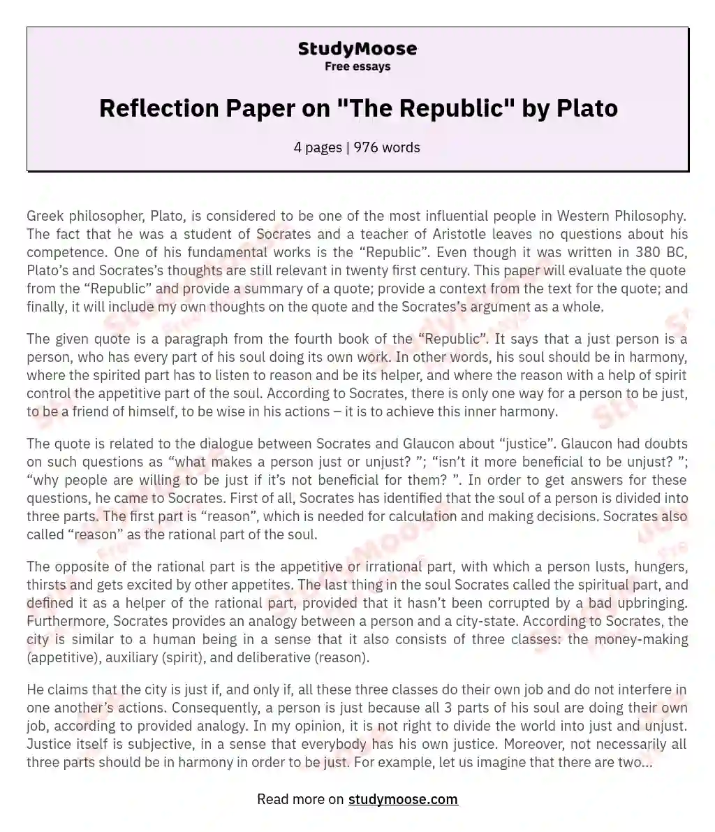Reflection Paper on "The Republic" by Plato essay