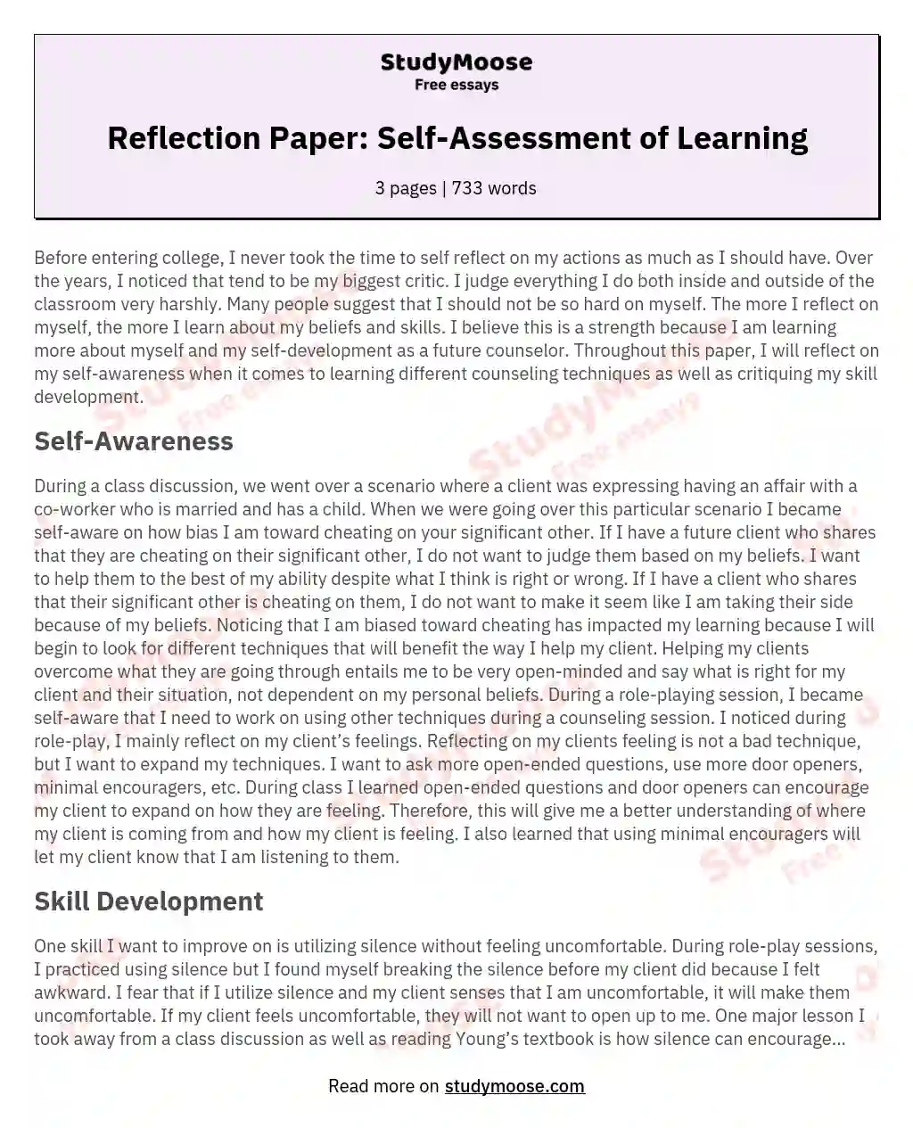 Reflection Paper: Self-Assessment of Learning essay