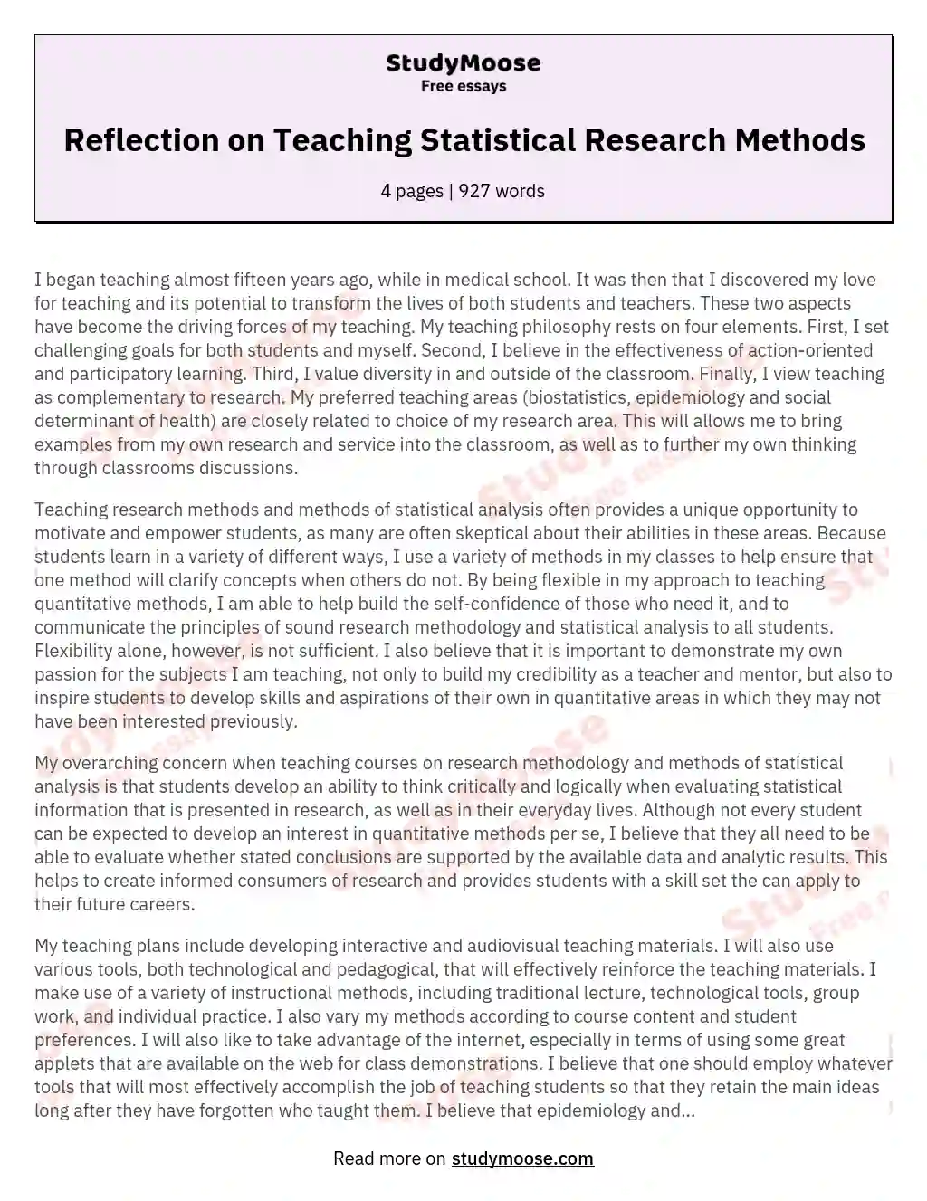 Reflection on Teaching Statistical Research Methods essay